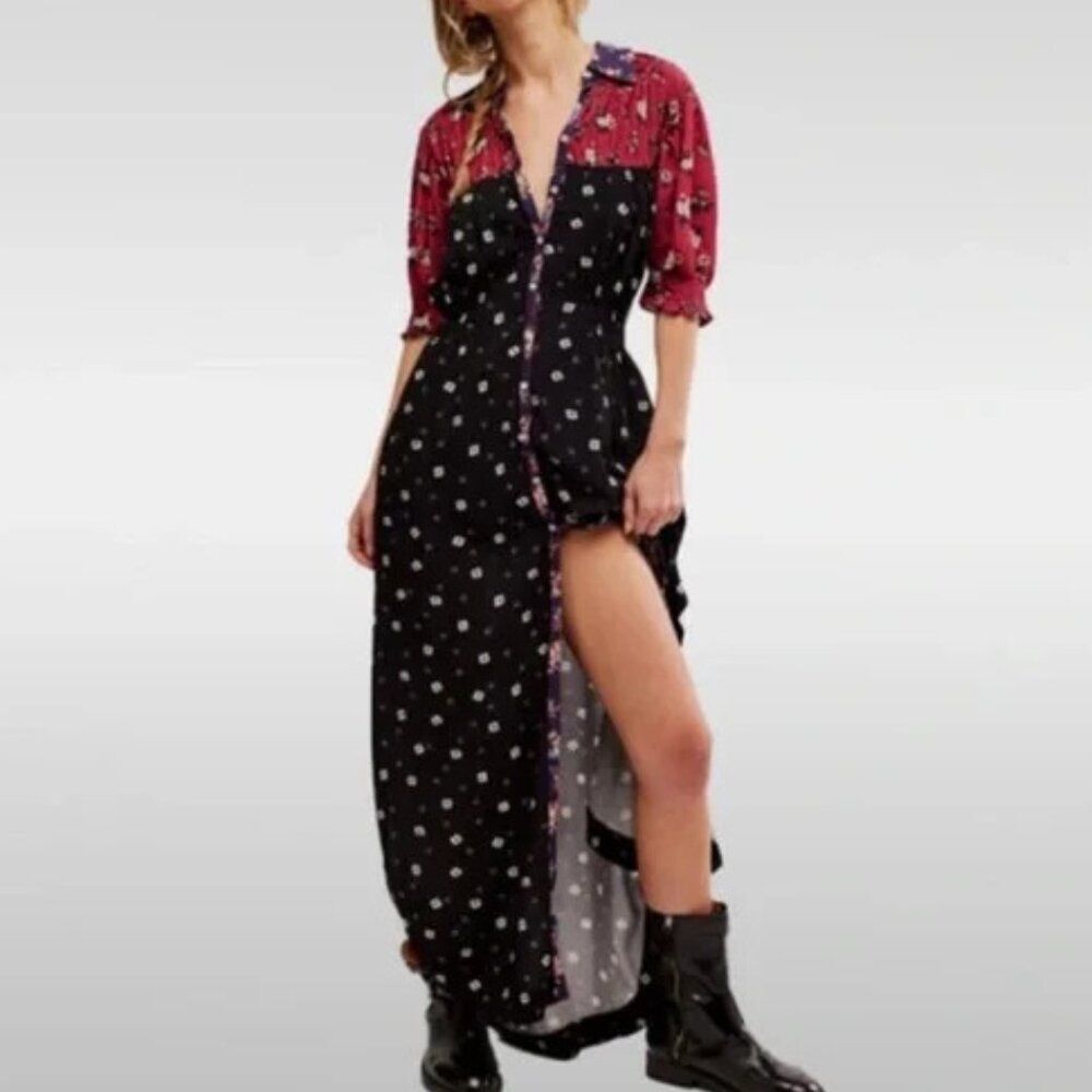 Free People Nora mixed Floral Maxi Shirt Dress Black Red Boho Cottagecore 90s S